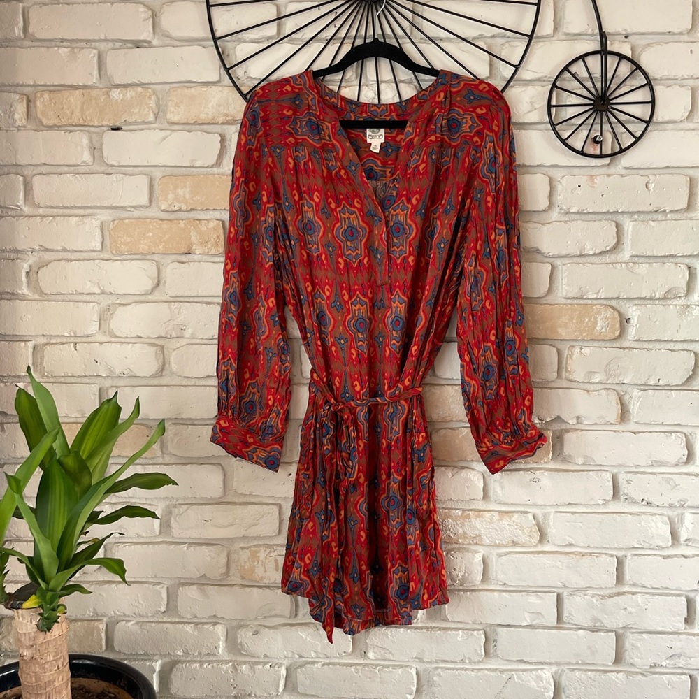 Anthropologie burnt red printed quarter length dress